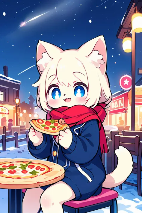 1girl,  Street,  night,  starry sky,  scarf,  snow,  cold,  street lights,  neon lights,  outdoor restaurant,  ð,  chairs,  tables,  fire, furry,  animal ear,  animal tail