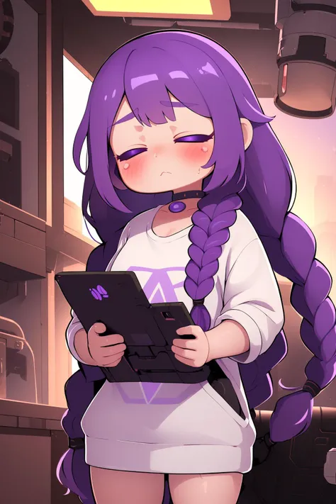 (best quality, highres, masterpiece:1.2), (future america, native american, tan:1), (adult woman, 1girl, solo, exhausted face:1.1), (intelligent inventor, wearing casual clothes, mechanical clutter:1), (half-closed_eyes:1), (purple_hair, long_hair, braided_hair:1), (voluptrous body:1), (close to ugly home:1.1),