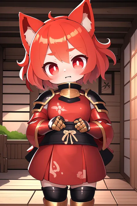 (best quality, highres, masterpiece:1.2), (feudal japan, japanese:1), (young adult girl, 1girl, solo, evil face:1.1), (persistent guard, wearing basic armor and shield:1), (gradient_eyes:1), (red_hair, short_hair, messy_hair:1), (slim body:1), (close to horrendous cottage:1.1),