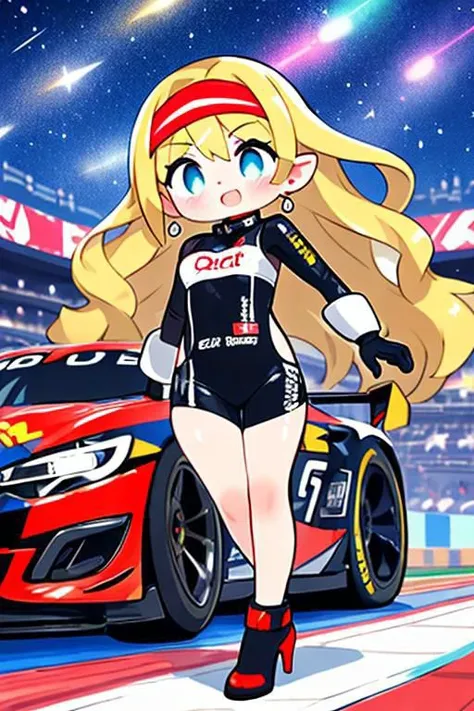 1girl,  solo,  standing,  dynamic pose,  race queen outfit,  vibrant colors,  shiny metallic accents,  high heels,  long flowing hair,  blonde,  styled in loose waves,  headband with race queen emblem,  captivating blue eyes,  confident facial expression,  red lipstick,  medium breast size,  checkered flag pattern on outfit,  sleek gloves,  aerodynamic earrings,  background: racetrack pit area,  bustling with activity,  race cars in the distance,  bright stadium lights,  night sky with a hint of stars,  (car),  Panning
