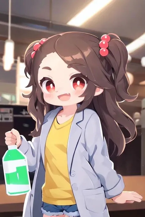 1girl, solo, close up, (dynamic pose:1.15), forehead:1.1, swept bangs:0.7, (messy hair:1.1), light brown hair, two side up, hair bobbles, labcoat, jean shorts, red eyes:0.8, seductive eyes, eye highlights, (playful expression:1.05), smile, open mouth, fang, gorgeous scenery, indoors, laboratory, instruments, flask tubes, chemical bottles, dim lighting,