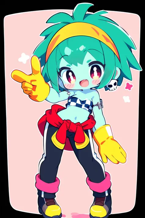 1girl, solo, standing,watercolor style, pastel colors,<lora:rottytops-nvwls-v1-final:1>, full_body, rottytops, open mouth, smile,hand_on_hip,leaning_forward, v, short hair,hairband, skull earrings, checkered bandeau, yellow gloves, clothes around waist, sweatpants, boots