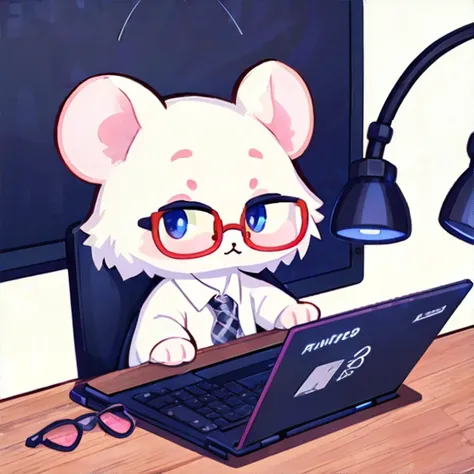 cute anthropomorphic mouse, using computer, wearing glasses and flannel shirt, <clip:skip:2>, masterpiece, 8k, high resolution, shallow depth of field, sharp focus