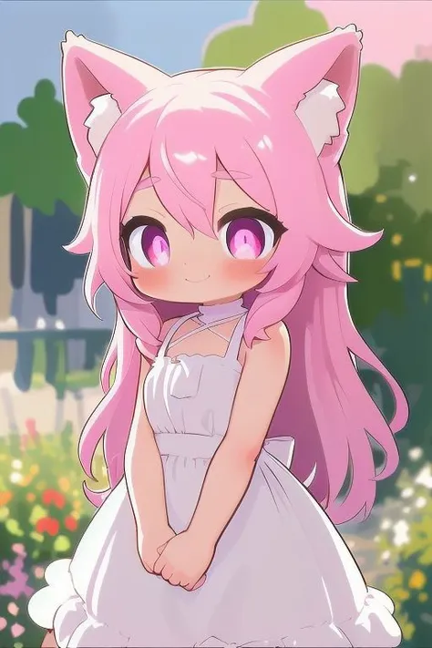 (rich gradient, extreme colors, extreme details, clear light perception, cinematic composition, pastel colors, (impressionist:1.4), (intricate detail:1.3), blurry foreground, concept art, letterboxed),
BREAK (1girl, solo:1.3, cute, pink hair, hair between eyes, sidelocks, long hair, cat ears, pink eyes, (arms at sides:1.2), sundress, white dress, collarbone, blush, smile),
(flower, garden, grass, stone step road, flowerpot, birch, fantasy, mountainous horizon)