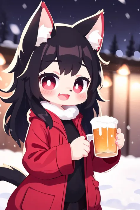 (furry, furry female:1.2), (cheek fluff:1.2), cat ears, tail, outdoor, night, light, long hair, red_eye, snow, fur coat, ❤️, 🍺, open_mouth, happy