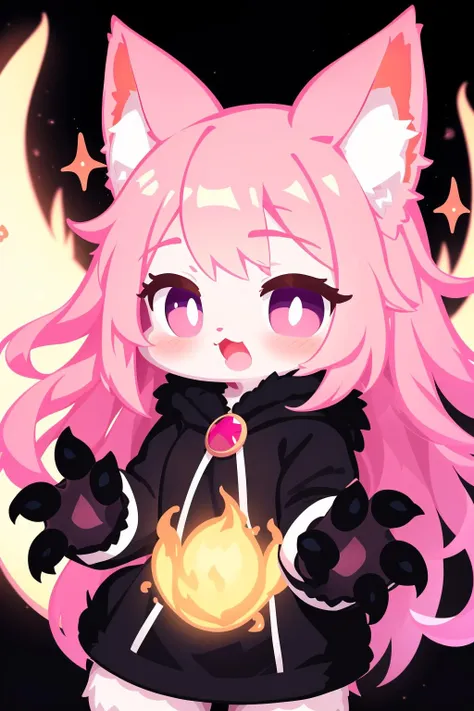 (furry, cheek_fluff, furry female:1.2), pink_hair, long_hair, animal ears, animal tail, flame, magic, Array, cast magic, open hand, claws, open_mouth, (Dynamics:1.2)