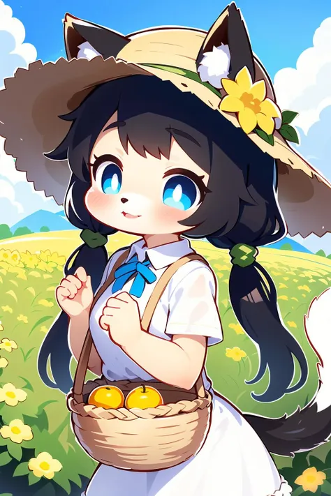 outdoors,solo,basket,1girl,flower,smile,hat,straw hat,looking at viewer,long hair,shirt,day,blush,dress,blue eyes,white shirt,holding basket,short sleeves,pinafore dress,bangs,cowboy shot,closed mouth,black hair,fruit,sky,twintails,collared shirt,food,blue sky,standing,holding,cloud,breasts,hands up,sun hat,low twintails,grass,field,yellow flower, furry, fur body, tail, happy, 😀, fluffy, animal ears