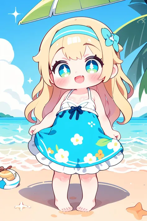 1girl,  solo,  standing,  bright sunlight,  happy and carefree,  digital painting style,  long blonde hair,  beach waves,  no hair accessory,  sparkling green eyes,  beaming smile,  average breast size,  summer dress,  floral print,  barefoot,  tropical beach background,  palm trees,  clear blue sky,  beach umbrella,  beach ball,  seashells scattered in the sand.