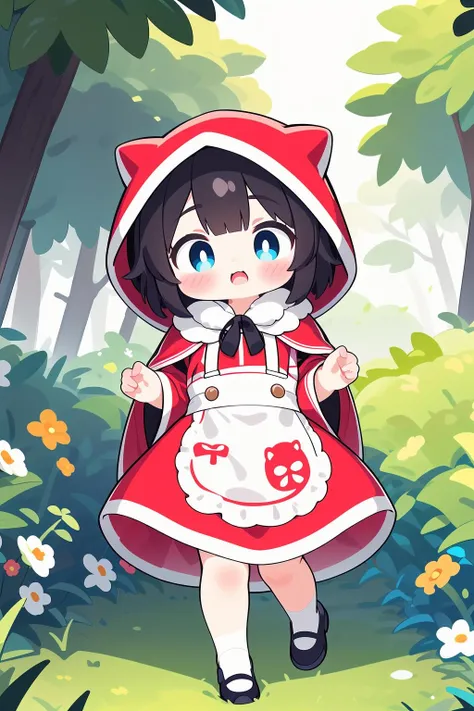 1girl,  solo,  walking,  fairytale,  red hood,  forest path,  wicker basket,  floral details,  youthful appearance,  red hooded cloak,  black hair,  short hairstyle,  innocent expression,  blue eyes,  floral patterns on dress,  knee-length dress,  white apron,  carrying a basket with fruits,  surrounded by tall trees,  dappled sunlight,  a hint of curiosity in her eyes. happy