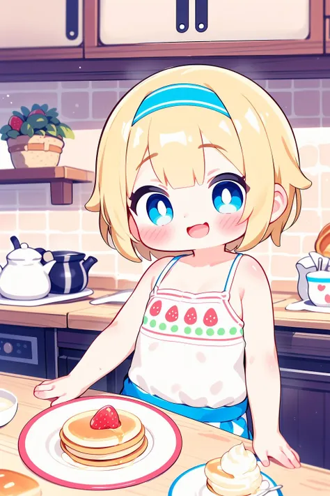 1girl,  solo,  sitting,  watercolor,  cute,  strawberries,  melted butter,  fresh cream,  real and delicious,  blonde hair,  shoulder-length,  no hair accessory,  blue eyes,  round eye shape,  smiling expression,  flat chest,  casual clothing with pancake patterns,  background: kitchen with a warm and cozy atmosphere.