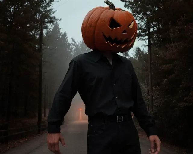 A cinematic horror scene Pumpkinhead <lora:SD15-Pumpkinhead-LoRA:1>, Very detailed, clean, high quality, sharp image