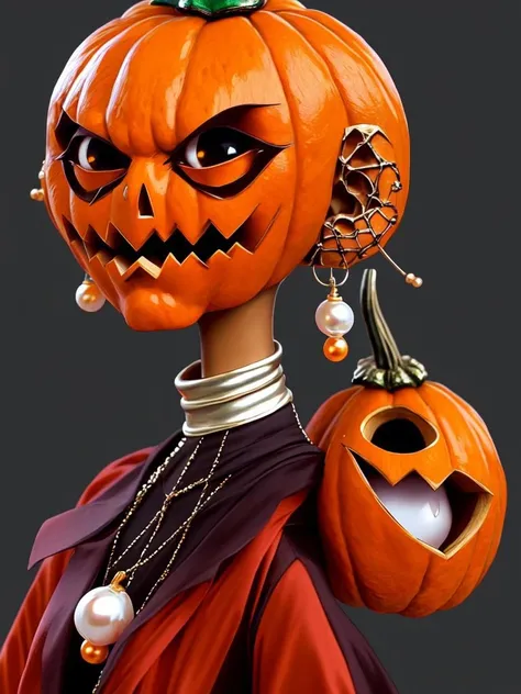The girl with a pearl earring Pumpkinhead <lora:SD15-Pumpkinhead-LoRA:1>, Very detailed, clean, high quality, sharp image