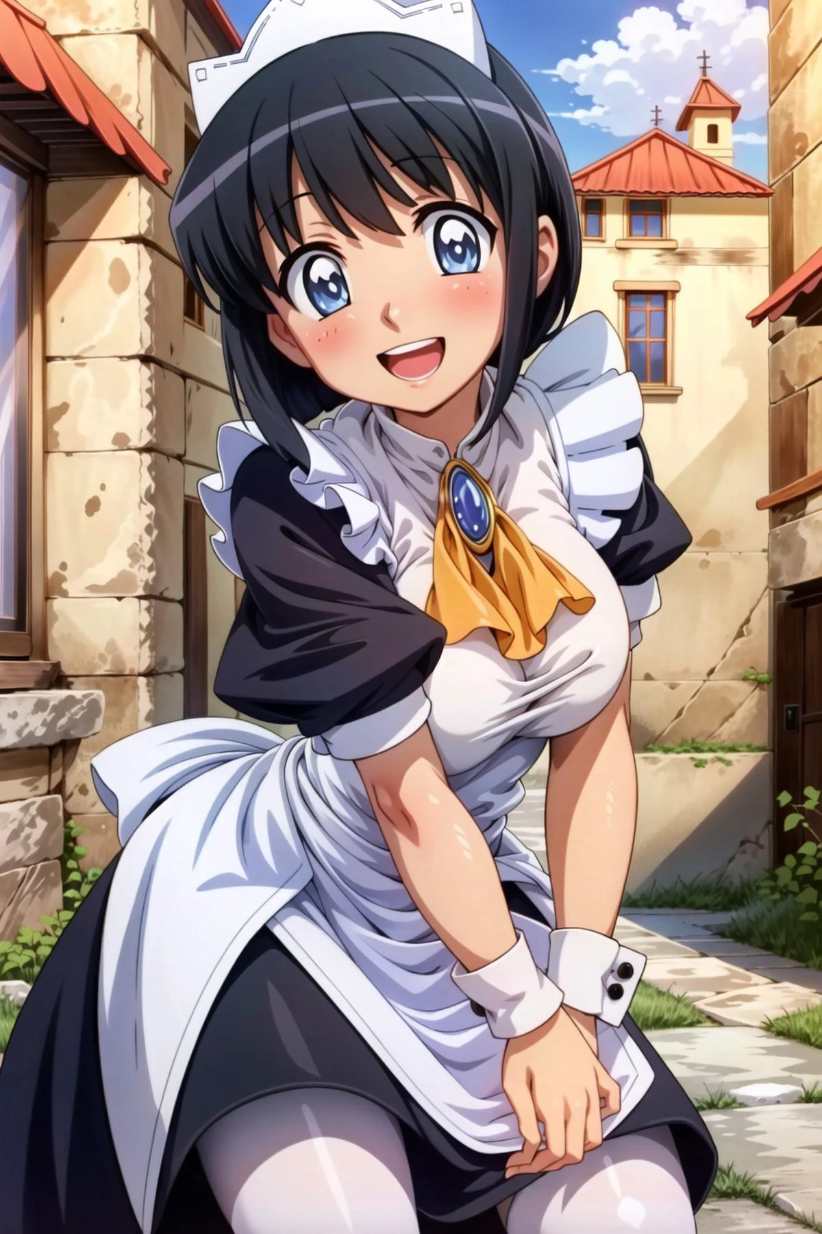 siesta, The Familiar of Zero, black hair, blue eyes, short_hair, large breasts, bangs, <lora:siestaV1:0.6>, smile, :d, outdoors, maid_dress,maid_headdress,jewelry, brooch,maid headdress, maid, short sleeves, white thighhighs, apron, large breasts, dress, gem, wrist cuffs, breasts, wrist cuffs, ascot,