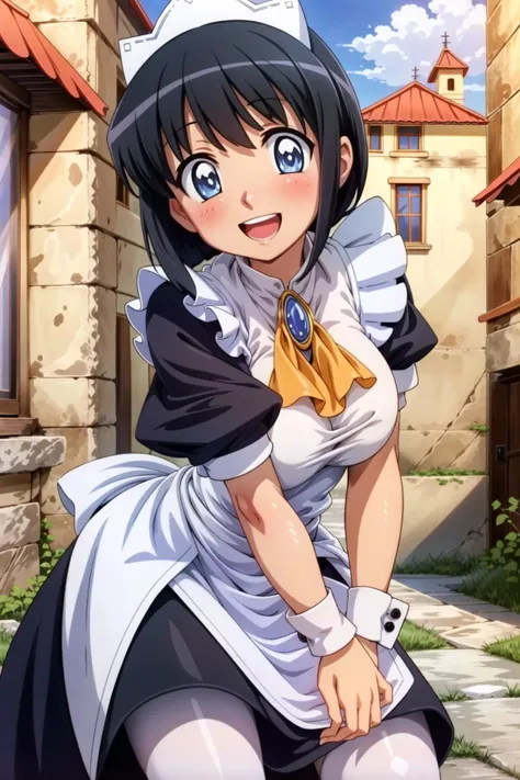 siesta, The Familiar of Zero, black hair, blue eyes, short_hair, large breasts, bangs, <lora:siestaV1:0.6>, smile, :d, outdoors, maid_dress,maid_headdress,jewelry, brooch,maid headdress, maid, short sleeves, white thighhighs, apron, large breasts, dress, gem, wrist cuffs, breasts, wrist cuffs, ascot,