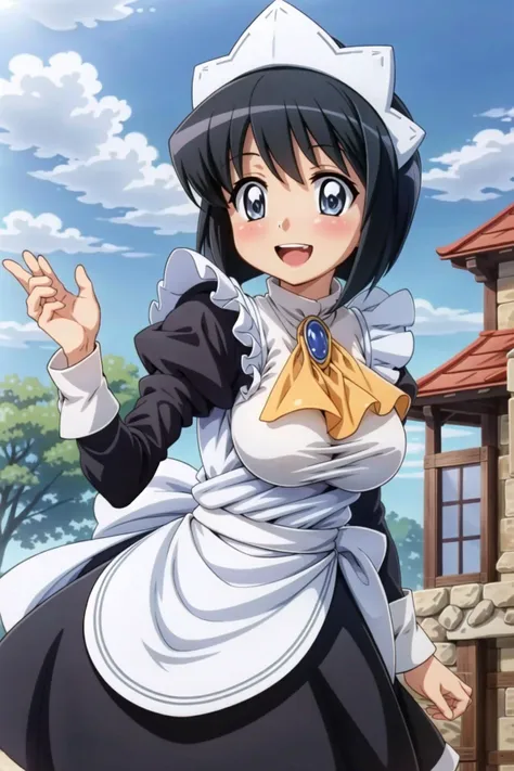 siesta, The Familiar of Zero, black hair, blue eyes, short_hair, large breasts, bangs, <lora:siestaV1:0.6>, smile, :d, outdoors, maid_dress,maid_headdress,jewelry, brooch,maid headdress, maid, short sleeves, white thighhighs, apron, large breasts, dress, gem, wrist cuffs, breasts, wrist cuffs, ascot, dynamic angle,