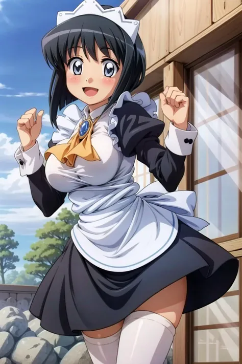 siesta, The Familiar of Zero, black hair, blue eyes, short_hair, large breasts, bangs, <lora:siestaV1:0.6>, smile, :d, outdoors, maid_dress,maid_headdress,jewelry, brooch,maid headdress, maid, short sleeves, white thighhighs, apron, large breasts, dress, gem, wrist cuffs, breasts, wrist cuffs, ascot, dynamic angle,