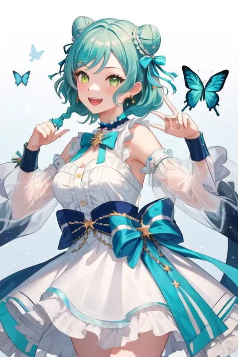 best quality, masterpiece, highres, solo, {hikawa_hina_bangdream:1.15}, aqua_hair, green_eyes, short_hair, smile, bow, braid, blush, hair_bow, side_braids, twin_braids, open_mouth, bangs, 1girl, alternate_hairstyle, choker, dress, frills, hair_ornament, looking_at_viewer, see-through, see-through_sleeves, short_sleeves, star_hair_ornament, ribbon, star_\(symbol\), :d, back_bow, butterfly_hair_ornament, double_bun, earrings, hair_bun, jewelry, pearl_\(gemstone\), upper_teeth_only, green_dress, multicolored_clothes, neck_ribbon, wrist_cuffs