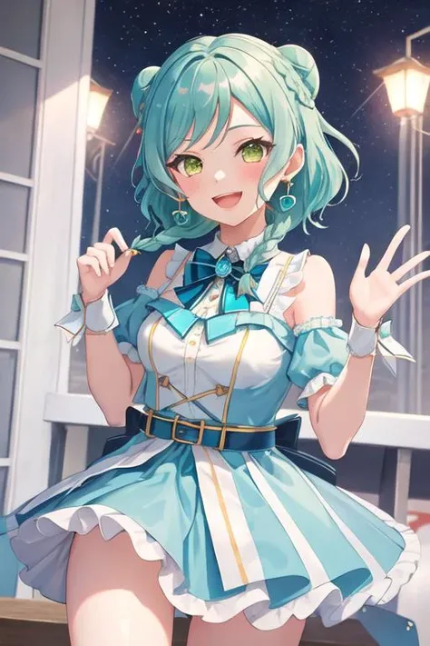 best quality, masterpiece, highres, solo, {hikawa_hina_bangdream:1.15}, aqua_hair, green_eyes, short_hair, smile, bow, braid, blush, hair_bow, side_braids, twin_braids, open_mouth, bangs
