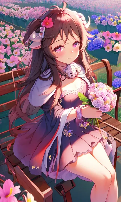 masterpiece,best quality,arkeyjaface, looking at viewer, small breasts, arkeyjadress, closed mouth, slightly smile, sitting at bench, (holding bouquet), flower field