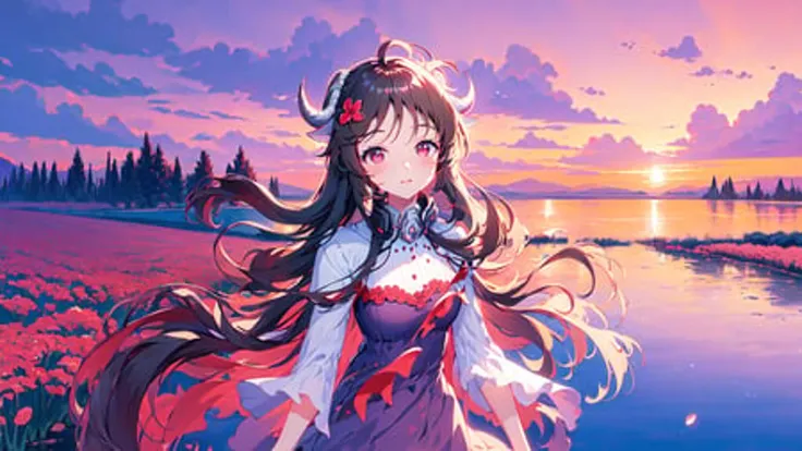 ((masterpiece,best quality,official art,extremely detailed CG unity 8k wallpaper)),illustration,landscape, arkeyjaface, arkeyjadress, small breasts, looking at viewer, flower field, bright, standing