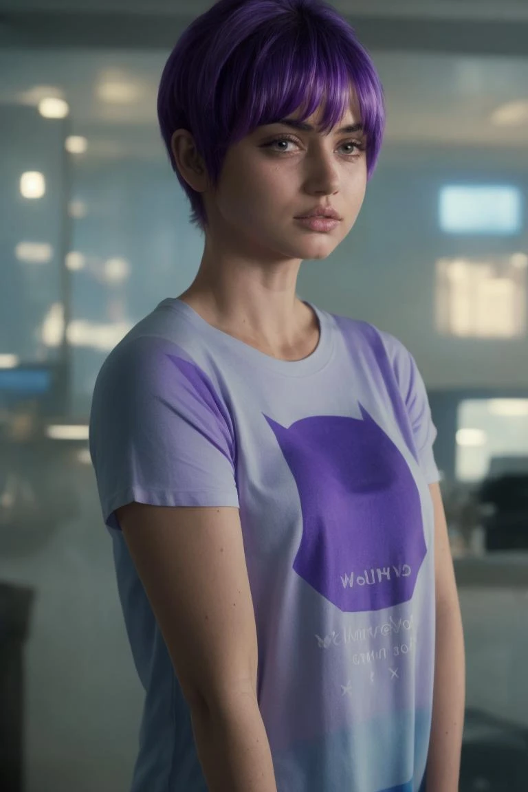 headshot, a woman in a blue tee standing in a doorway, purple pixie cut, soft colors, bokeh, masterpiece, high quality, (high detailed skin:1.1)
<lora:joi_br2049_lora_v02:1> joi