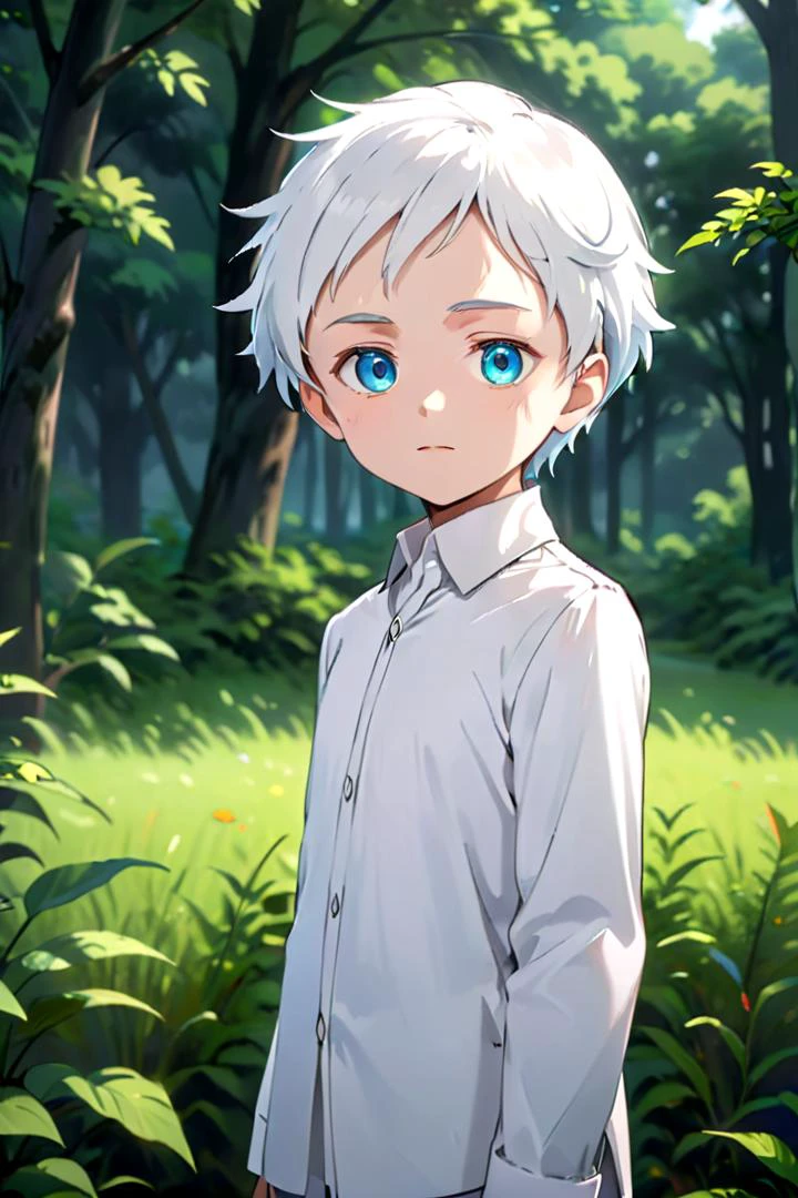 <lora:neverland_norman-000022:0.6>
one -yeld boamed neverland_norman, standing alone in outdoors next to green open plains, he has blue colored eyes, he has white hair and he is wearing a white collared shirt,
draw it in the style of The promised Neverland,
The soft lighting and detailed surroundings create an immersive environment where imagination runs wild hyper-detailed,
hyper-detailed face, high quality visuals, dim Lighting, sharply focused, octane render, 8k UHD