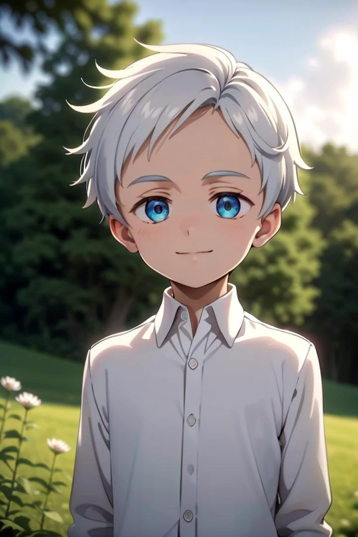 <lora:neverland_norman-000022:0.6>
one -yeld boamed neverland_norman, standing alone in outdoors next to green open plains, he has blue colored eyes, he has white hair and he is wearing a white collared shirt,
draw it in the style of The promised Neverland,
The soft lighting and detailed surroundings create an immersive environment where imagination runs wild hyper-detailed,
hyper-detailed face, high quality visuals, dim Lighting, sharply focused, octane render, 8k UHD