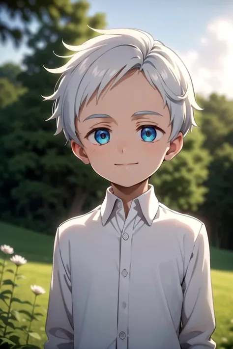 <lora:neverland_norman-000022:0.6>
one 12-year-old boy named neverland_norman, standing alone in outdoors next to green open plains, he has blue colored eyes, he has white hair and he is wearing a white collared shirt,
draw it in the style of The promised Neverland,
The soft lighting and detailed surroundings create an immersive environment where imagination runs wild hyper-detailed,
hyper-detailed face, high quality visuals, dim Lighting, sharply focused, octane render, 8k UHD