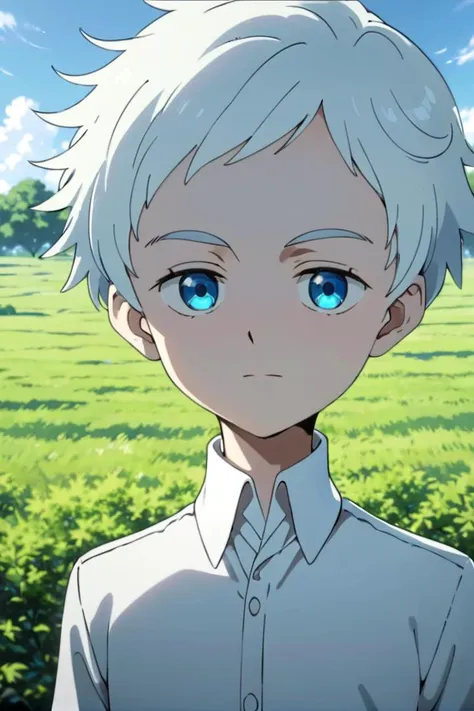 <lora:neverland_norman-000022:0.6>
one *************** named neverland_norman, standing alone in outdoors next to green open plains, he has blue colored eyes, he has white hair and he is wearing a white collared shirt,
draw it in the style of The promised Neverland,
The soft lighting and detailed surroundings create an immersive environment where imagination runs wild hyper-detailed,
hyper-detailed face, high quality visuals, dim Lighting, sharply focused, octane render, 8k UHD