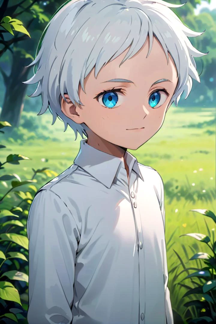 <lora:neverland_norman-000022:0.6>
one -yeld boamed neverland_norman, standing alone in outdoors next to green open plains, he has blue colored eyes, he has white hair and he is wearing a white collared shirt,
draw it in the style of The promised Neverland,
The soft lighting and detailed surroundings create an immersive environment where imagination runs wild hyper-detailed,
hyper-detailed face, high quality visuals, dim Lighting, sharply focused, octane render, 8k UHD