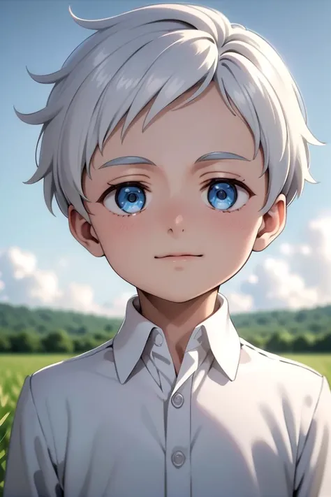 <lora:neverland_norman-000022:0.6>
one *************** named neverland_norman, standing alone in outdoors next to green open plains, he has blue colored eyes, he has white hair and he is wearing a white collared shirt,
draw it in the style of The promised Neverland,
The soft lighting and detailed surroundings create an immersive environment where imagination runs wild hyper-detailed,
hyper-detailed face, high quality visuals, dim Lighting, sharply focused, octane render, 8k UHD