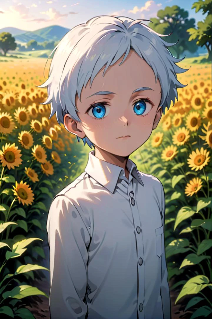 <lora:neverland_norman-000022:0.6>
one -yeld boamed neverland_norman, standing alone in outdoors next to green open plains, he has blue colored eyes, he has white hair and he is wearing a white collared shirt,
draw it in the style of The promised Neverland,
The soft lighting and detailed surroundings create an immersive environment where imagination runs wild hyper-detailed,
hyper-detailed face, high quality visuals, dim Lighting, sharply focused, octane render, 8k UHD