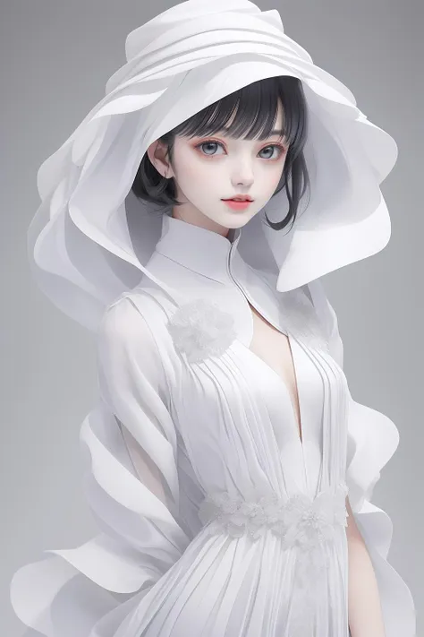 (masterpiece, top quality, best quality, official art, beautiful and aesthetic),solo,1girl,dark white dress,white bodysuit,white hair,light smile,(upper body),frills,standing,hood,hat,abstract dark gray backdrop,bangs,legs,white stocking,high wheel shoes,small breasts,a model wearing haute couture monochrome overall in (issey miyake) style,by rinko kawauchi,zen-inspired masterpiece portrait,(detailed fiber texture),pleats,deconstruction,layers,editorial photo,<lora:Mild detail adjusterV10_4:0.6>,<lora:Clothing -:0.3>,<lora:cartoon_portrait_v2:0.3>,<lora:white issey miyake:0.5>,