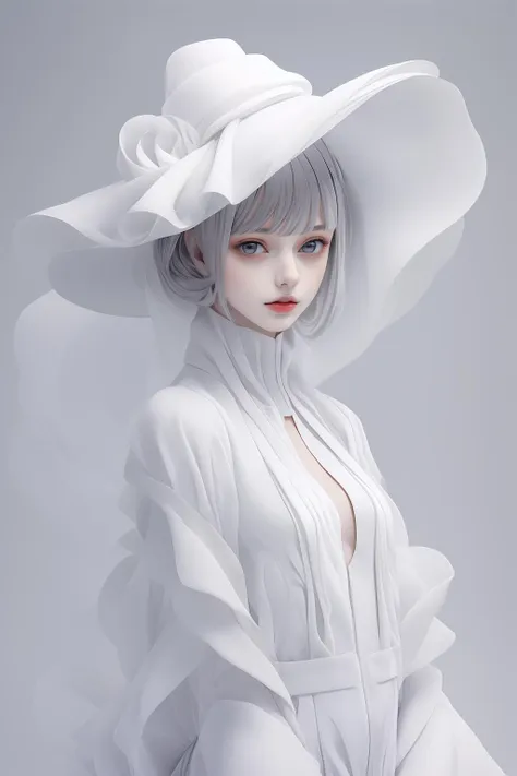 (masterpiece, top quality, best quality, official art, beautiful and aesthetic),solo,1girl,dark white dress,white bodysuit,white hair,light smile,(upperbody),frills,standing,hood,hat,abstract dark gray backdrop,bangs,legs,white stocking,high wheel shoes,small breasts,a model wearing haute couture monochrome overall in (issey miyake) style,by rinko kawauchi,zen-inspired masterpiece portrait,(detailed fiber texture),pleats,deconstruction,layers,editorial photo,<lora:Mild detail adjusterV10_4:0.6>,<lora:Clothing -:0.3>,<lora:cartoon_portrait_v2:0.3>,<lora:white issey miyake:0.8>,