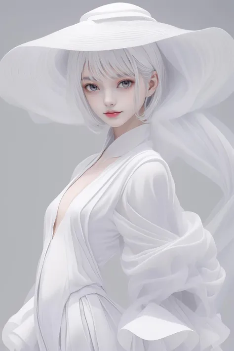 (masterpiece, top quality, best quality, official art, beautiful and aesthetic),solo,1girl,dark white dress,white bodysuit,white hair,light smile,(upper body),frills,standing,hood,hat,abstract dark gray backdrop,bangs,legs,white stocking,high wheel shoes,small breasts,a model wearing haute couture monochrome overall in (issey miyake) style,by rinko kawauchi,zen-inspired masterpiece portrait,(detailed fiber texture),pleats,deconstruction,layers,editorial photo,<lora:Mild detail adjusterV10_4:0.6>,<lora:Clothing -:0.3>,<lora:cartoon_portrait_v2:0.3>,<lora:white issey miyake:0.5>,
