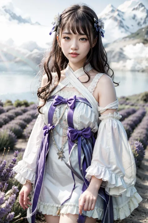 (realistic:1.3), finely detailed, quality, rembrandt lighting, (masterpiece:1.2), (photorealistic:1.2), (best quality), (detailed skin:1.3), (intricate details), dramatic, ray tracing, 1girl, japanese girl, 21 years old, detailed skin texture, (blush:0.5), (goosebumps:0.5), subsurface scattering, smiling, medium breasts, long hair curls, bangs, hair between eyes, hair ornaments, ribbon, bow, white dress, detached sleeves, long sleeves, lace, frills, ys \(manaka nemu\), cowboy shot, (arms at side:1.2), (strolling, bright sunny day, outdoors, wide open field of lavender flowers, sky), <lora:Dress NO.22 V0 ys:1>