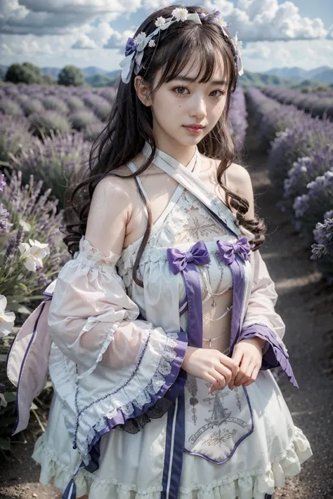 (realistic:1.3), finely detailed, quality, rembrandt lighting, (masterpiece:1.2), (photorealistic:1.2), (best quality), (detailed skin:1.3), (intricate details), dramatic, ray tracing, 1girl, japanese girl, 21 years old, detailed skin texture, (blush:0.5), (goosebumps:0.5), subsurface scattering, smiling, medium breasts, long hair curls, bangs, hair between eyes, hair ornaments, ribbon, bow, white dress, detached sleeves, long sleeves, lace, frills, ys \(manaka nemu\), cowboy shot, (arms at side:1.2), (strolling, bright sunny day, outdoors, wide open field of lavender flowers, sky), <lora:Dress NO.22 V0 ys:1>