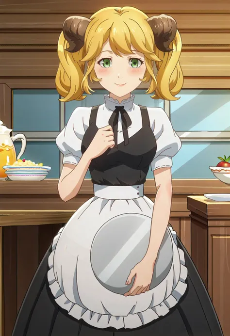 score_9, score_8_up, score_7_up, 1girl, solo, anime screencap, <lora:Aletta:0.8> aletta, twintails, horns, black dress, puffy sleeves, white shirt, black ribbon, waist apron, maid,  holding tray, holding plate,