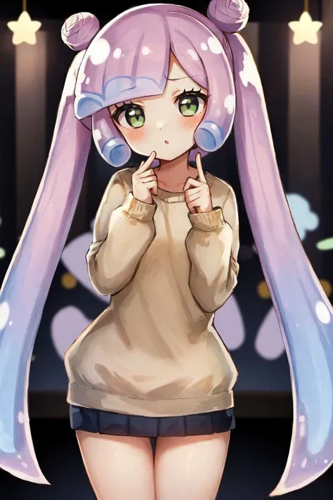 masterpiece, best_quality, 1girl, solo, puniru \(puniru wa kawaii slime\), puniru wa kawaii slime, gradient hair, bangs, green eyes, double bun, twintails, gyaru, sweater, in a dimly lit nightclub