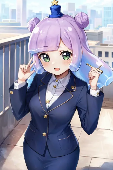 masterpiece, best_quality, 1girl, solo, puniru \(puniru wa kawaii slime\), puniru wa kawaii slime, gradient hair, bangs, green eyes, double bun, mini hat, long hair, office lady, on a rooftop