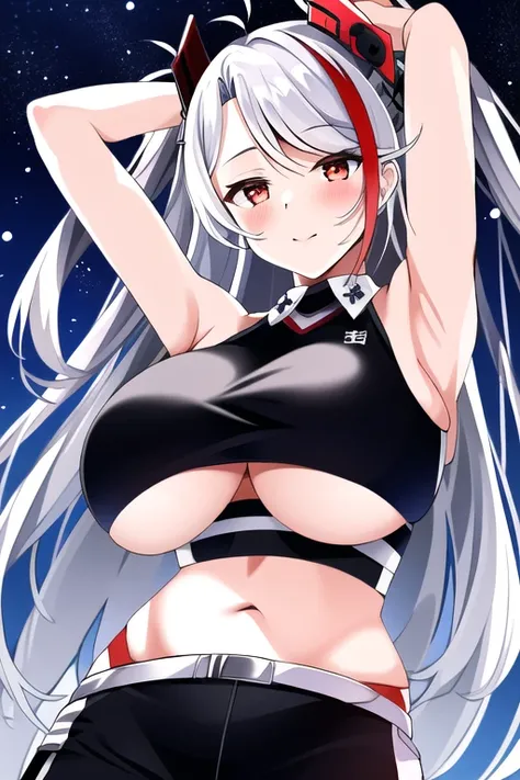 masterpiece, best quality,1girl, bangs, prinz eugen \(azur lane\), solo , night time ,sports bra , navel , midriff, black leggings,red eyes, big breast , armpits, arms up, <lora:prinz_eugen_final_lap_AOM2:0.8>