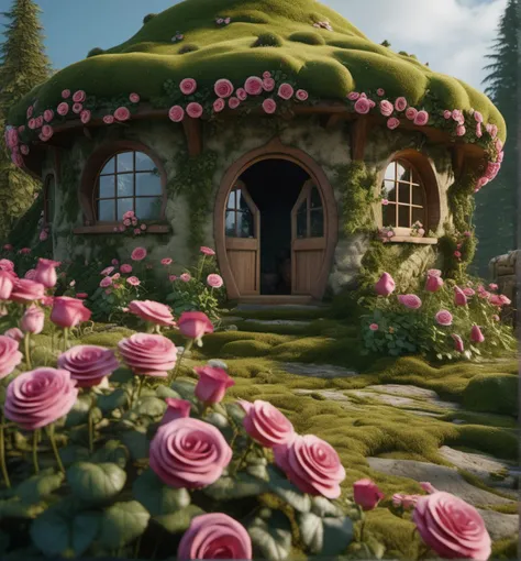 (Cinematic Photo:1.3) of (Ultrarealistic:1.3),(Grim:1.3), rose flowers, Masterpiece, best quality, (very detailed CG unity 8k wallpaper), (best quality), (best illustration), (best shadow), round radish hut covered with moss, octane rendering, ray tracing, very detailed,Highly Detailed,(Art Nouveau:1.3),(Fujifilm Superia:1.3),naturalism