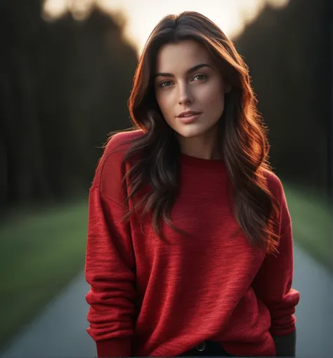 Best quality, masterpiece, ultra high res, (photorealistic:1.4), raw photo, 1girl, hair black gradient red, cinematic lighting, pullover shirt