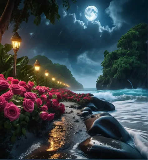 A jungle, with intense rainfall, monochromatic, vines all around, giant and wet trees, masterpiece, best quality, high quality, extremely detailed CG unity 8k wallpaper, oil paiting, award winning photography, Bokeh, Depth of Field, HDR, bloom, flowers roses , many diamond crystal, on the beach, fantasy, sky night , moon, smoke , photo, HD, 8K , realistic, HD, intricate, 8k, highly detailed,fun, sharp focus,