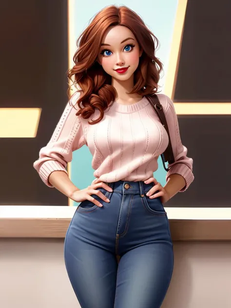 Realistic photo of a beautiful l1ndyb woman, 1girl, solo, long hair, looking at viewer, smile, blue eyes, brown hair, boots, pants, sweater, makeup, denim, lipstick, hands on hips, jeans, realistic, cable knit, aran sweater, soft lighting, professional Photography, Photorealistic, detailed, RAW, analog, sharp focus, 8k, HD, DSLR, high quality, Fujifilm XT3, film grain, award winning, masterpiece<lora:l1ndyb:1.0>