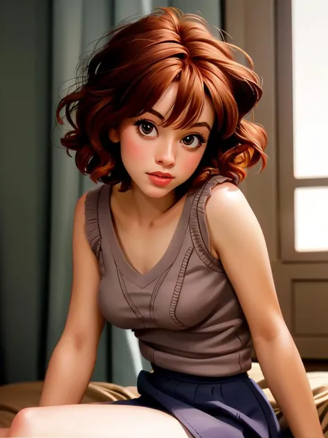 Realistic photo of a beautiful l1ndyb woman, 1girl, solo, looking at viewer, short hair, skirt, brown hair, sitting, lips, tank top, curly hair, realistic, soft lighting, professional Photography, Photorealistic, detailed, RAW, analog, sharp focus, 8k, HD, DSLR, high quality, Fujifilm XT3, film grain, award winning, masterpiece<lora:l1ndyb:1.0>