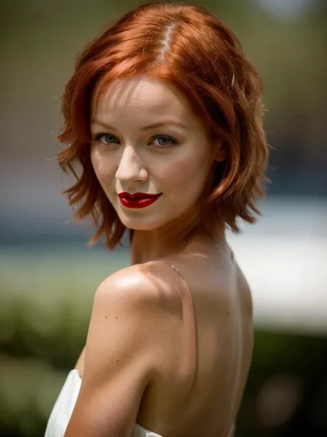 Realistic photo of a beautiful l1ndyb woman, 1girl, solo, long hair, looking at viewer, smile, blue eyes, red hair, bare shoulders, upper body, lips, makeup, realistic, red lips, soft lighting, professional Photography, Photorealistic, detailed, RAW, analog, sharp focus, 8k, HD, DSLR, high quality, Fujifilm XT3, film grain, award winning, masterpiece<lora:l1ndyb:1.0>