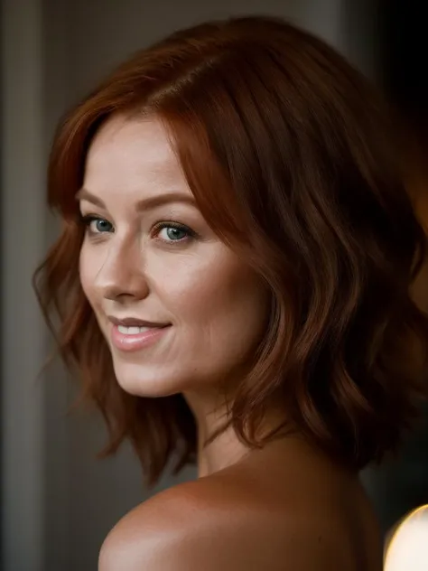Realistic photo of a beautiful l1ndyb woman, 1girl, solo, long hair, looking at viewer, smile, closed mouth, orange hair, blurry, lips, grey eyes, depth of field, blurry background, light smile, portrait, realistic, soft lighting, professional Photography, Photorealistic, detailed, RAW, analog, sharp focus, 8k, HD, DSLR, high quality, Fujifilm XT3, film grain, award winning, masterpiece<lora:l1ndyb:1.0>
