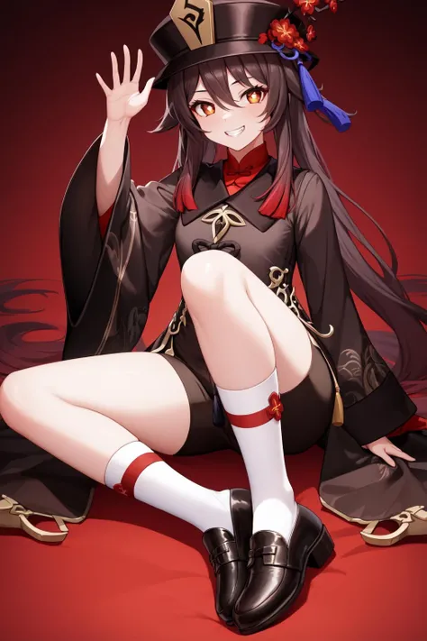 masterpiece, best quality, HuTaoV4, 1girl, solo, long sleeves, hat, jewelry, full body, flower, shoes, shorts, socks, wide sleeves, black footwear, grin, short shorts, black headwear, gradient hair, chinese clothes, black shorts, white socks, tassel, hat flower, <lora:HuTaoV4:1>