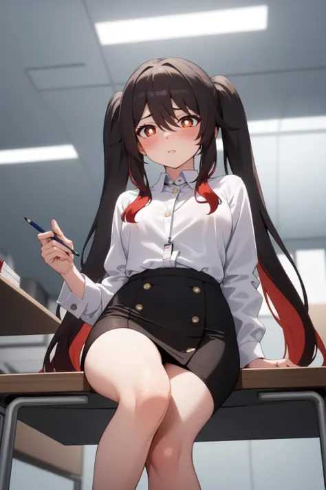 masterpiece, best quality, HuTaoV4, 1girl, solo, looking down, blush, long hair, twintails, multicolored hair, very long hair, hair between eyes, ((office lady, OL, pencil skirt, white shirt, button gap)), ((from below)), id card, office, desk, computer, sitting on chair, indoors, night, <lora:HuTaoV4:1>